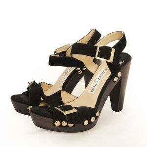 Jimmy Choo Black Suede Gold Studs Open Toe Chunky Wood Wedge Heel Shoes